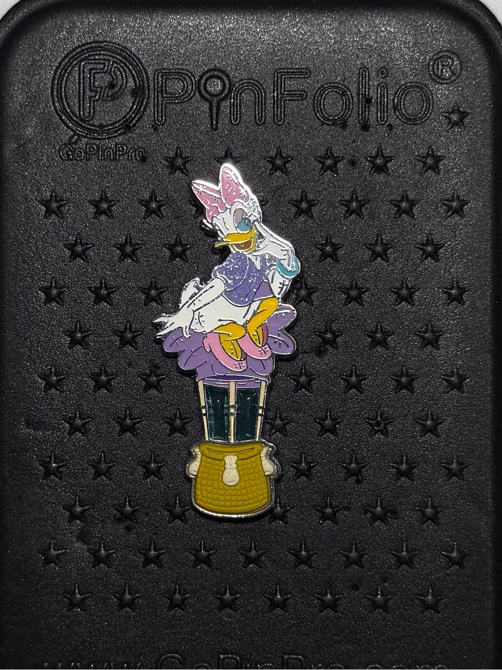 Disney Parks Daisy Duck Hot Air Balloon Enamel Pin with Purple Skirt and Pink Bo